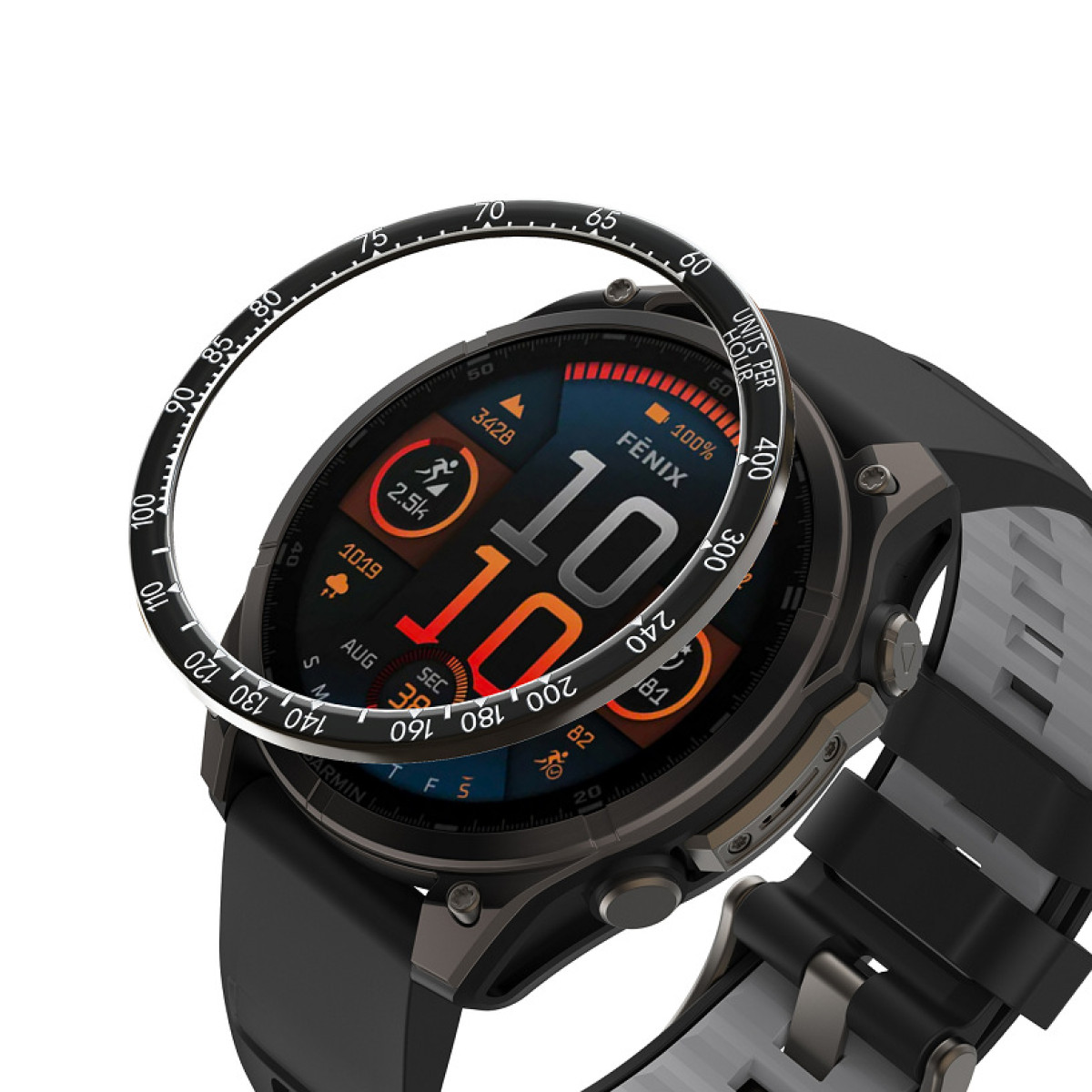 Smartwatch nero con lunetta. Lo schermo mostra numeri e dati in arancione e blu.