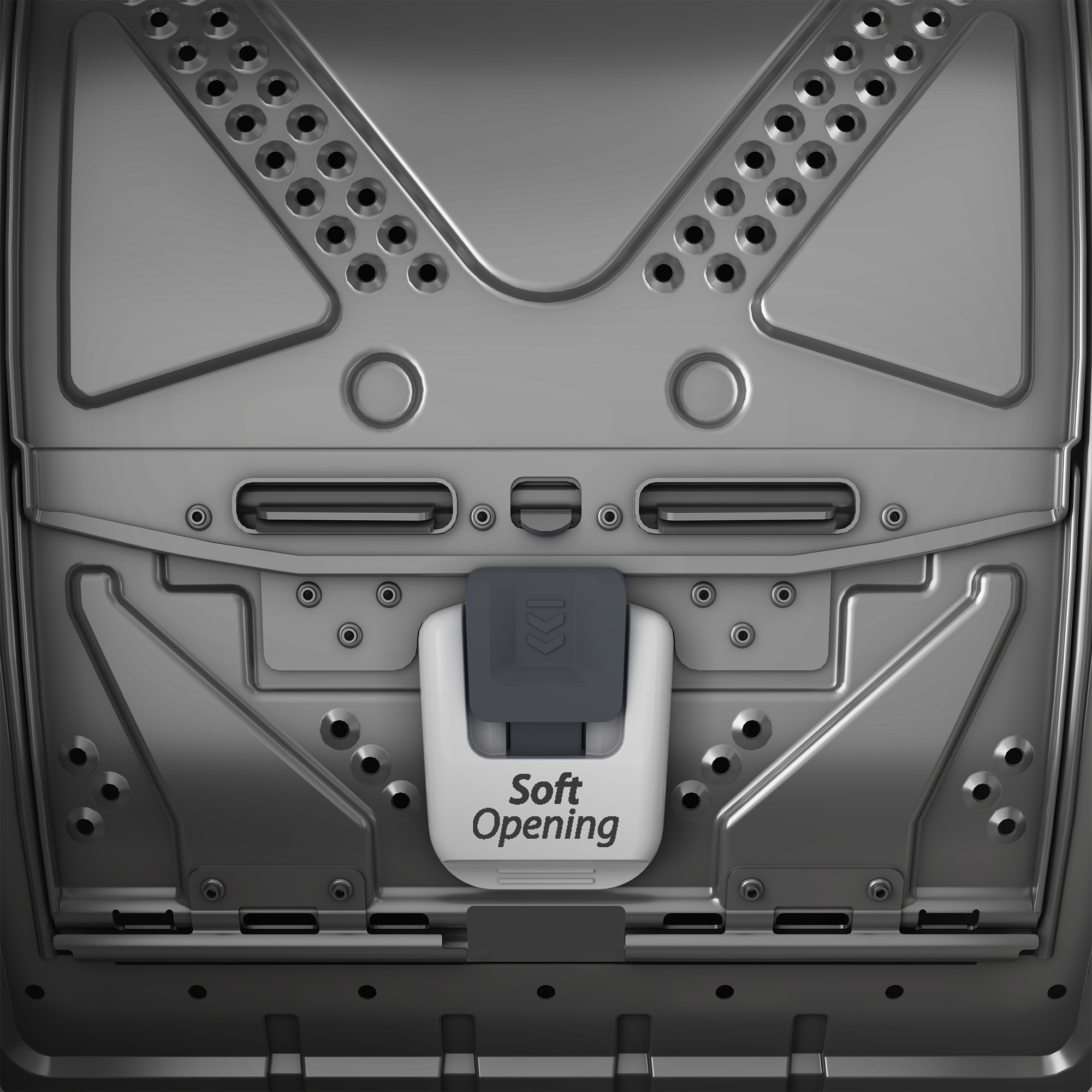 Detail des Waschmaschinentür-Innenraums. Metall mit einem sanften Öffnungsmechanismus und den Worten „Soft Opening“.