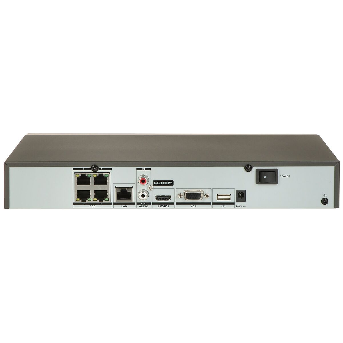 Rückseite eines schwarzen Geräts mit Anschlüssen: LAN, HDMI, VGA, USB und Strom. Weißer Hintergrund.