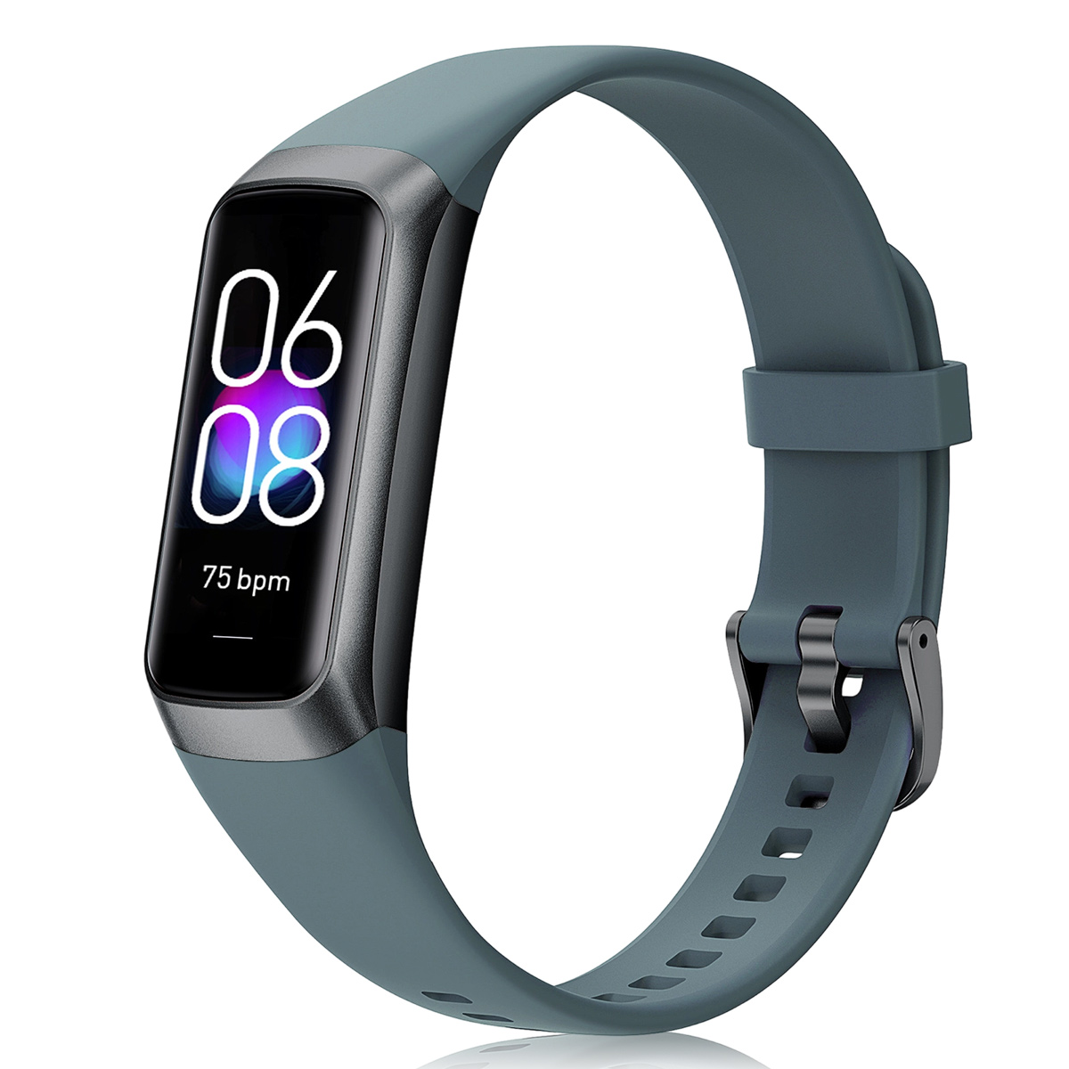 Eine Frau mit einer Smartwatch mit blauem Armband, mit Symbolen im Hintergrund.