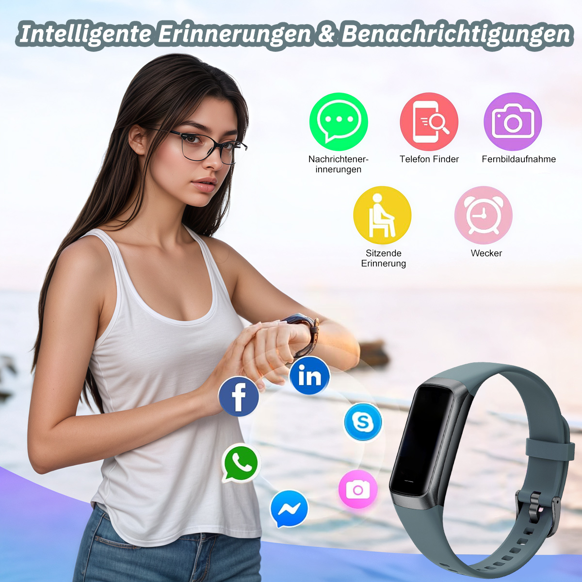 Eine Frau mit Brille überprüft eine Smartwatch. Symbole für soziale Medien und Apps werden angezeigt. Weißer Hintergrund.