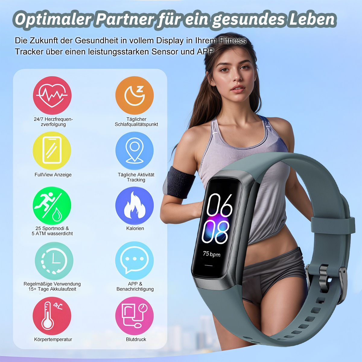 Ein Mann läuft auf einem Laufband und trägt eine Smartwatch. Ein Ladegerät und eine Uhr werden gezeigt.