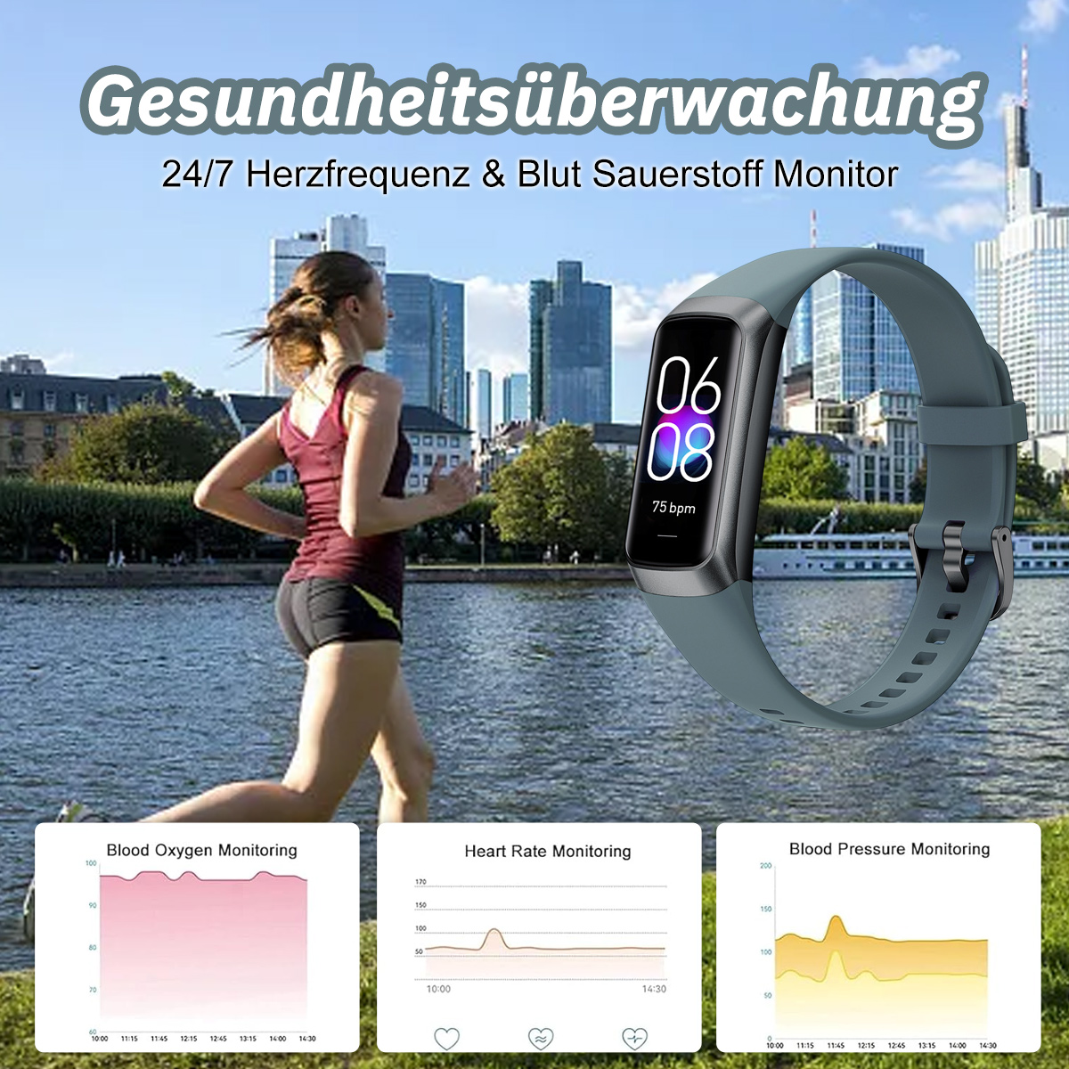 Frau läuft mit Smartwatch. Diagramme von Herzfrequenz und Blutüberwachung werden angezeigt. Hintergrund mit Stadt.