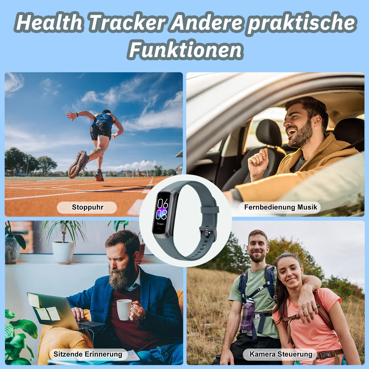 Bilder, die verschiedene Verwendungen einer Smartwatch zeigen: Laufen, Fahren, Arbeiten und Outdoor-Aktivitäten. Weißer Hintergrund.