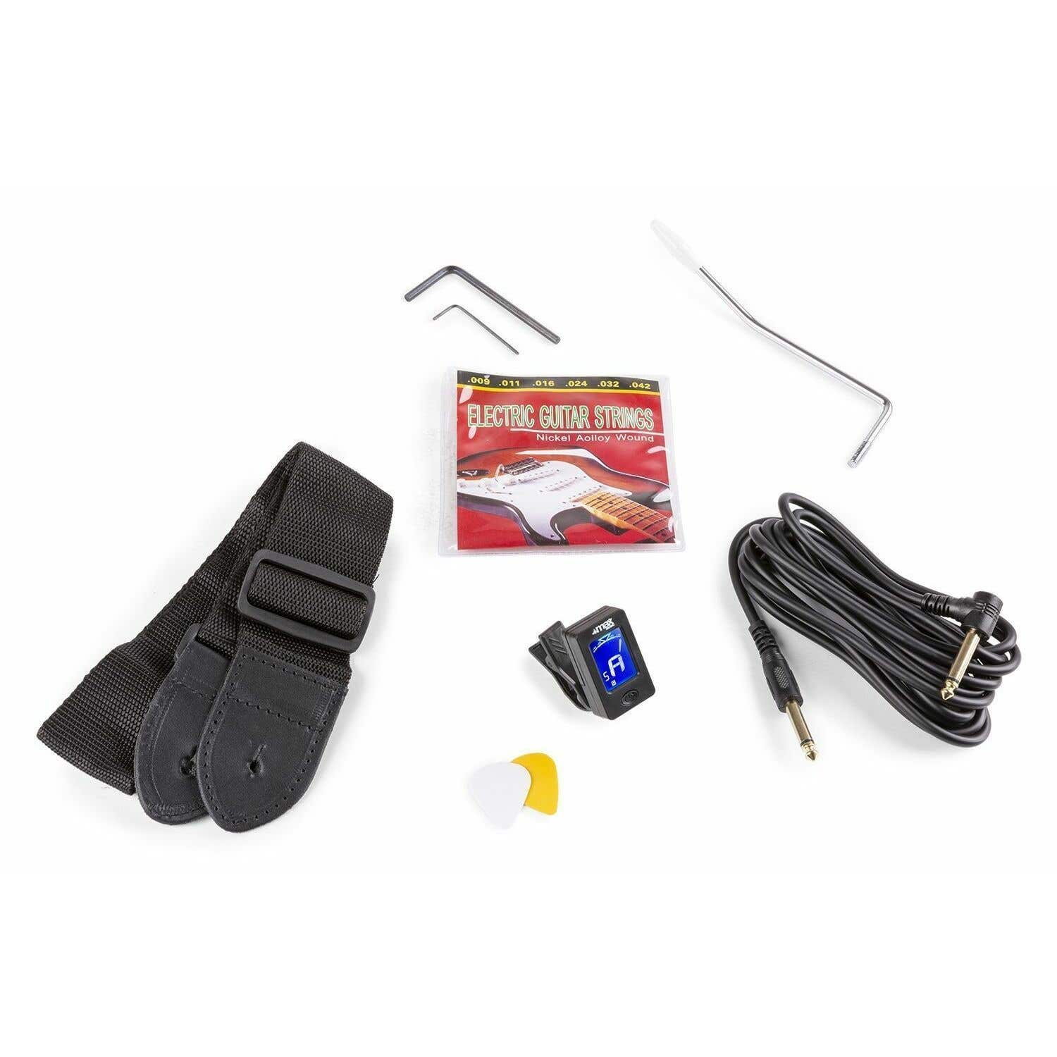 Guitare acoustique avec accessoires. Comprend un pupitre, un étui et un amplificateur.
