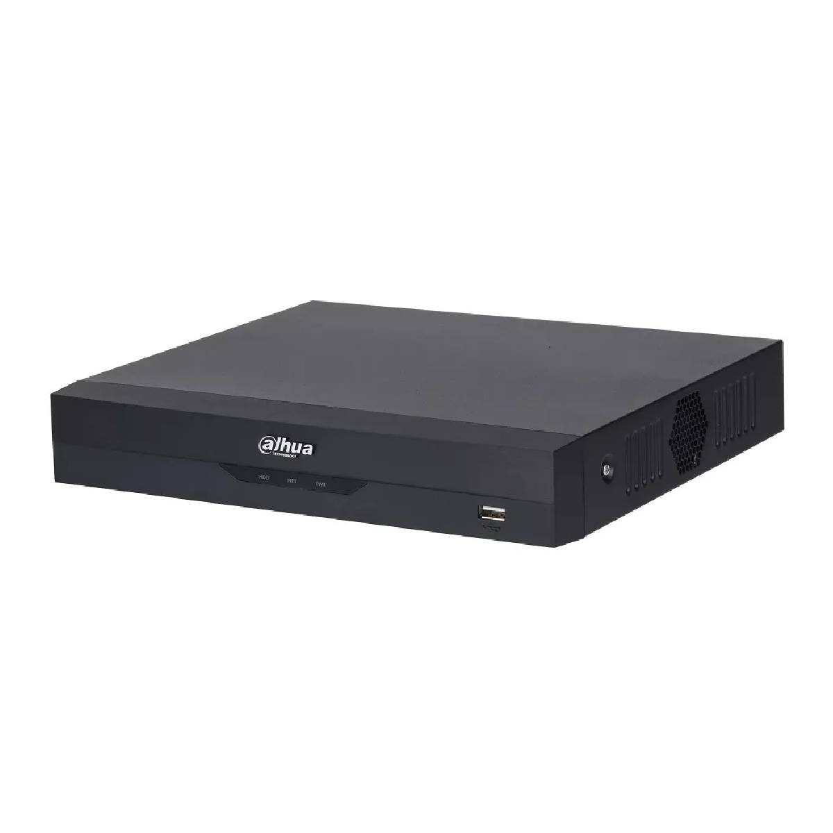Schwarzer DVR-Rekorder mit weißem Logo. Es hat mehrere Anschlüsse und einen Lüfter an der Seite.