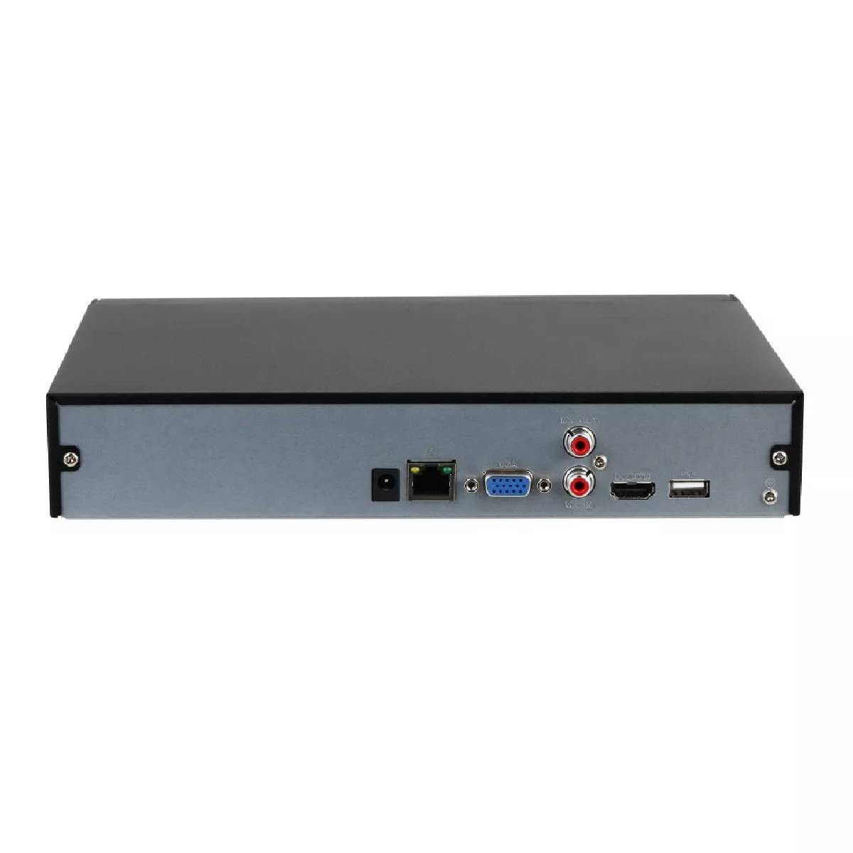 Schwarzer DVR mit verschiedenen Anschlüssen auf der Rückseite. Ethernet, HDMI und Audioanschlüsse sind sichtbar.