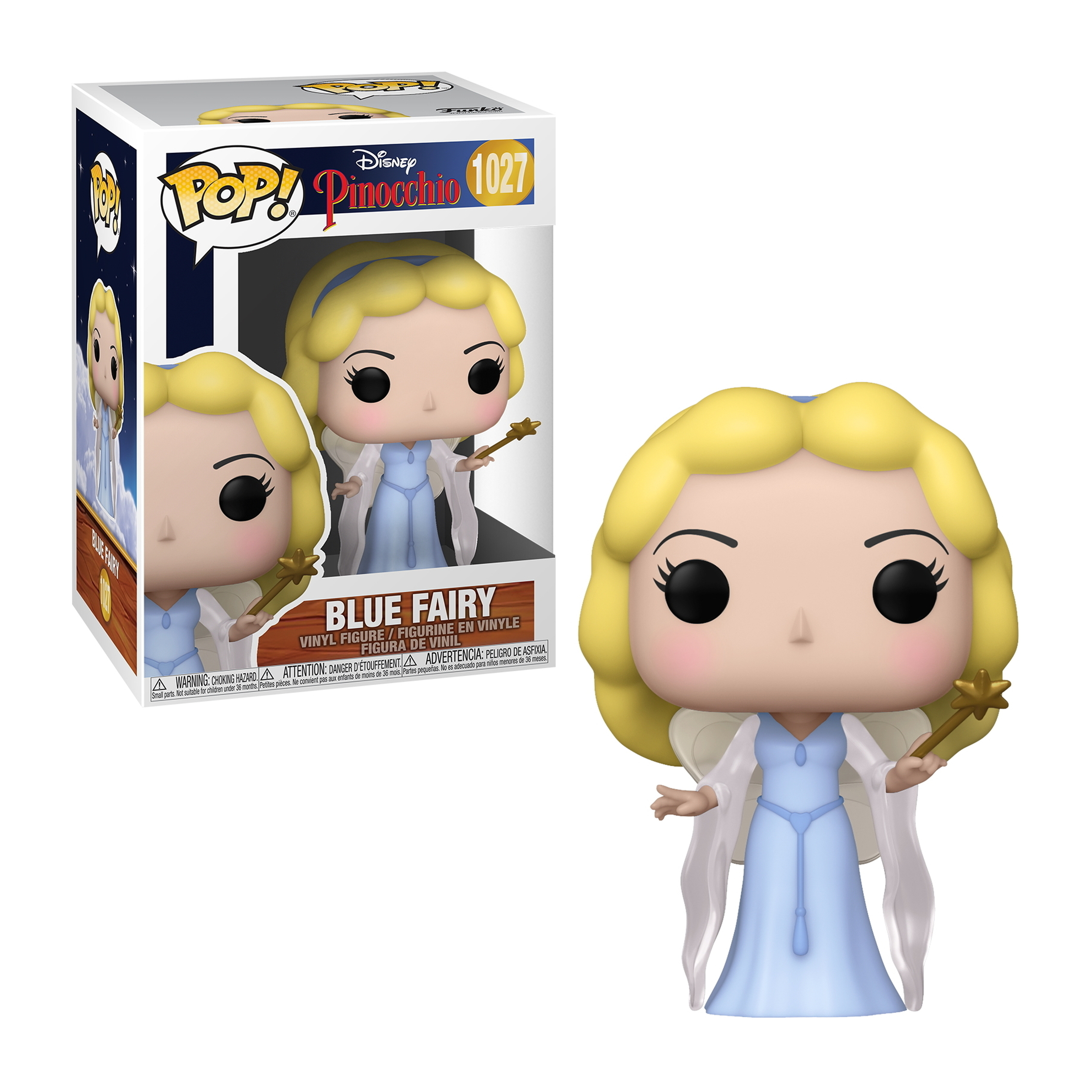 Figura Funko Pop de Hada Azul con caja. La figura es azul claro con pelo rubio y una varita estrella.