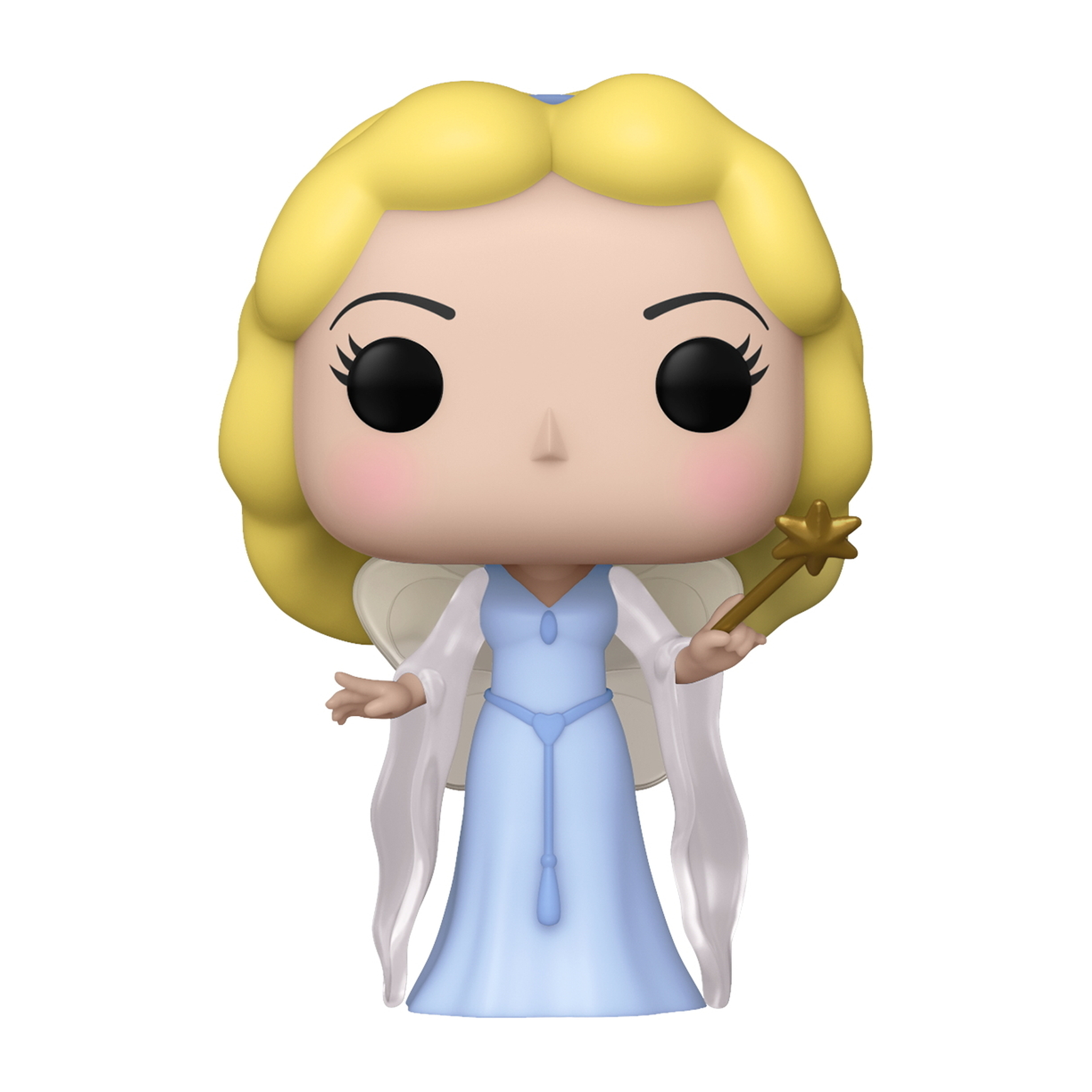 Una figura de Blue Fairy sosteniendo una varita dorada, con cabello amarillo y un vestido azul, sobre un fondo blanco.