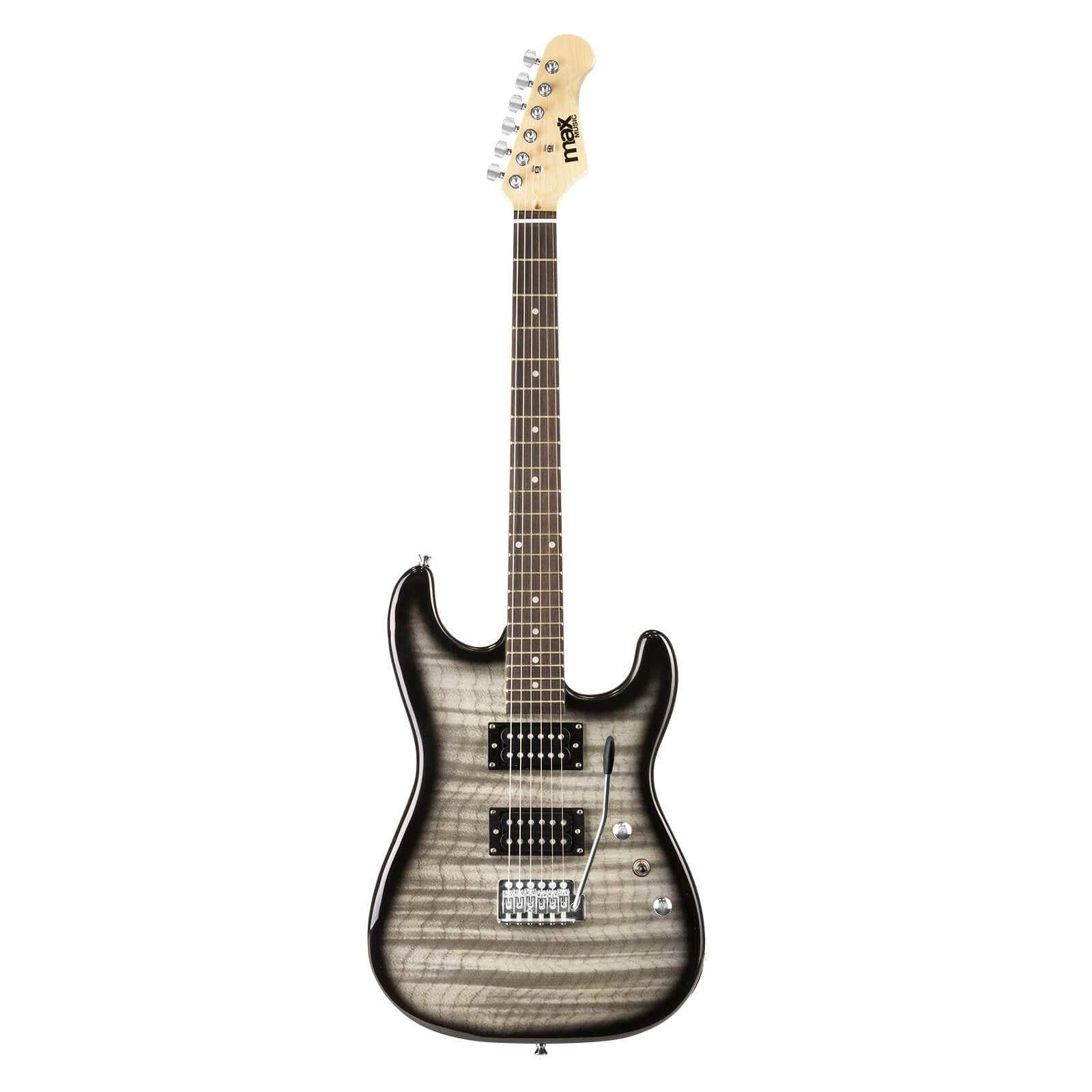 Una guitarra eléctrica en un estudio. La guitarra es gris y negra, con un patrón de vetas de madera oscura.
