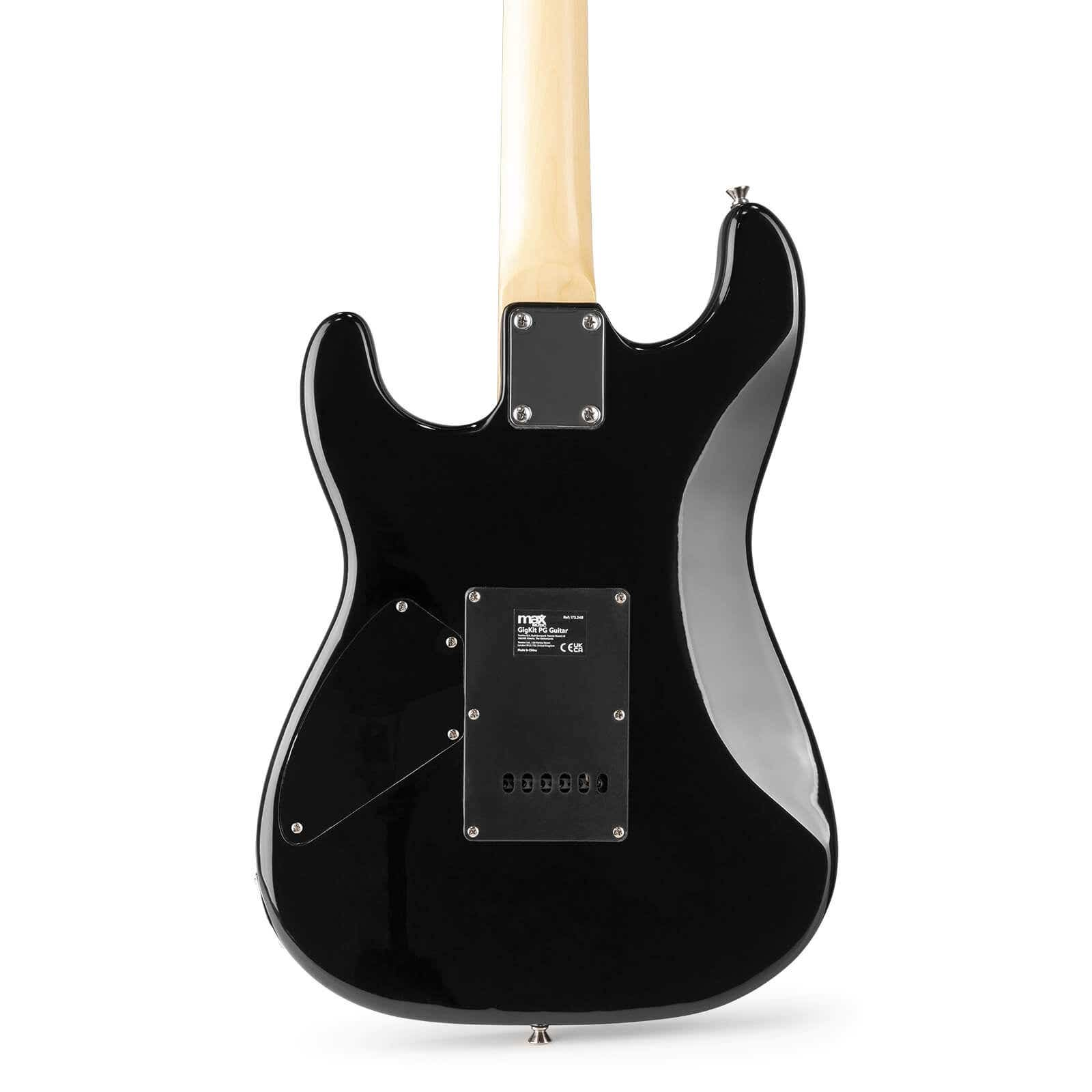 Parte trasera de una guitarra eléctrica negra.