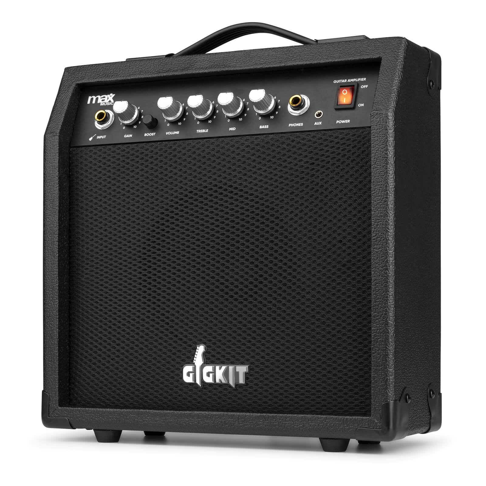Amplificateur de guitare noir avec commandes et poignée.