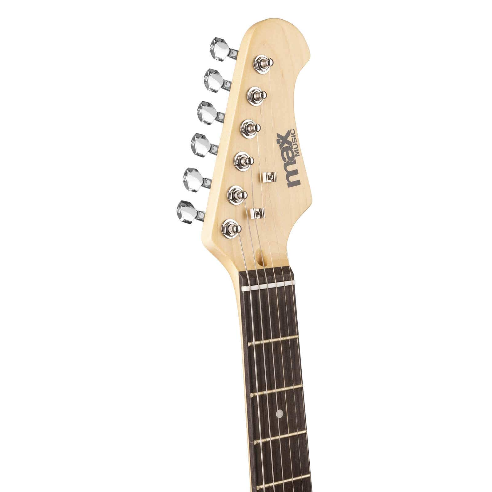 Gros plan de la tête d'une guitare avec des chevilles d'accord, couleur bois brun clair.