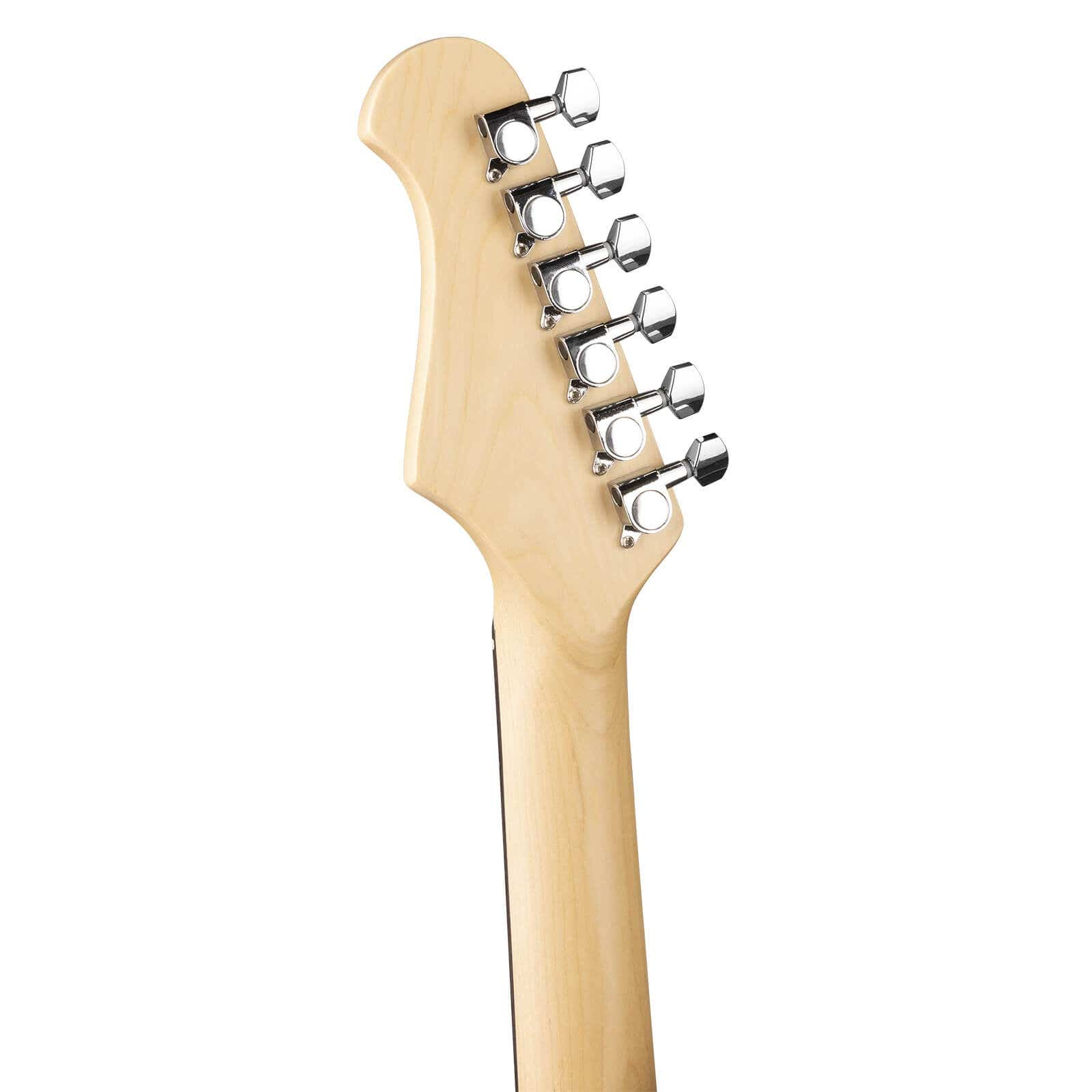 Tête de guitare avec des chevilles d'accord argentées, sur fond de bois clair.