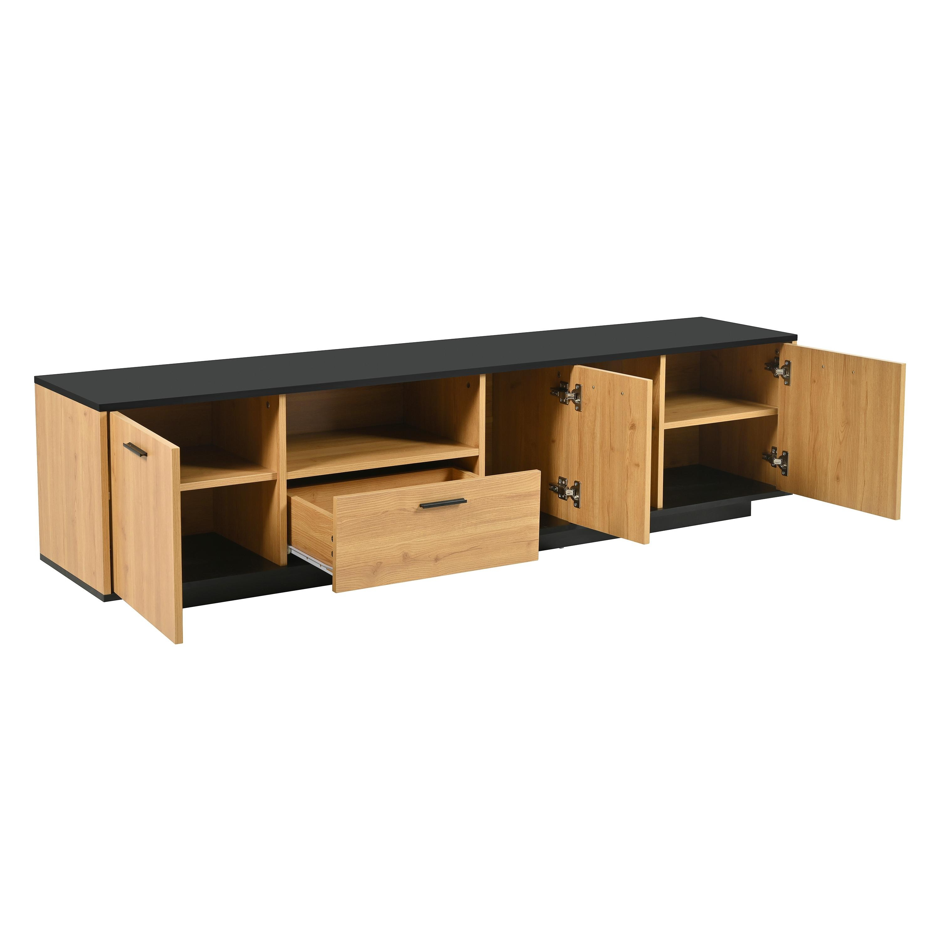 Langer Schrank mit offenen Türen und Schublade, der Regale im Inneren zeigt. Der Schrank ist braun und schwarz.