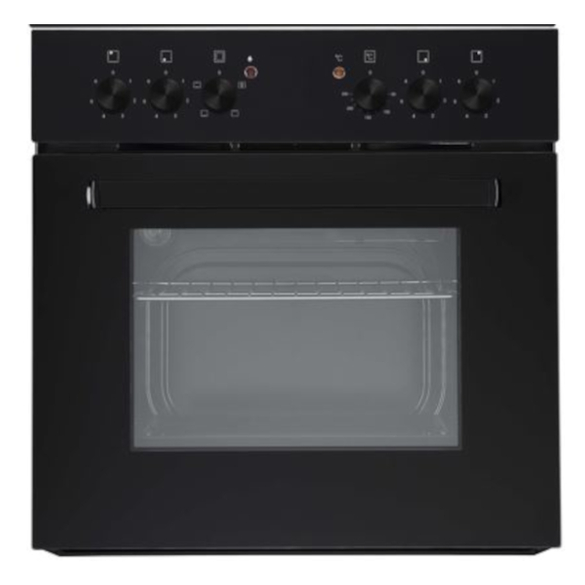 Schwarzer Backofen mit Glastür, Bedienelemente oben. Der Ofen befindet sich in einer Küchenumgebung.