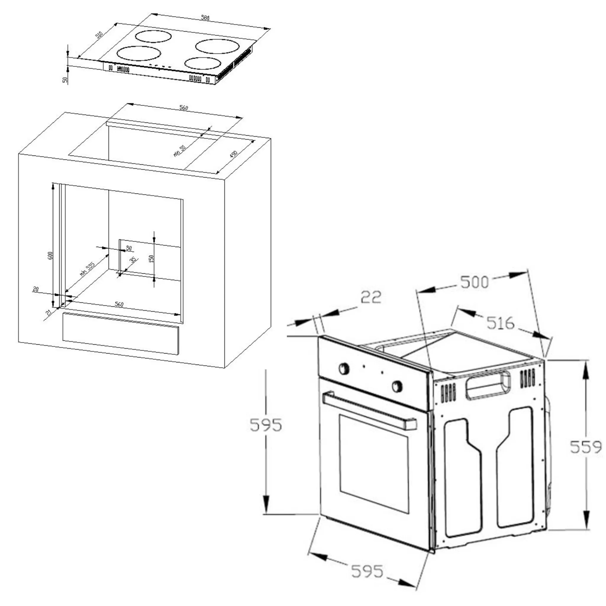 Technische Zeichnung eines Ofens und Kochfelds. Zeigt Abmessungen und interne Komponenten in einem Diagramm.