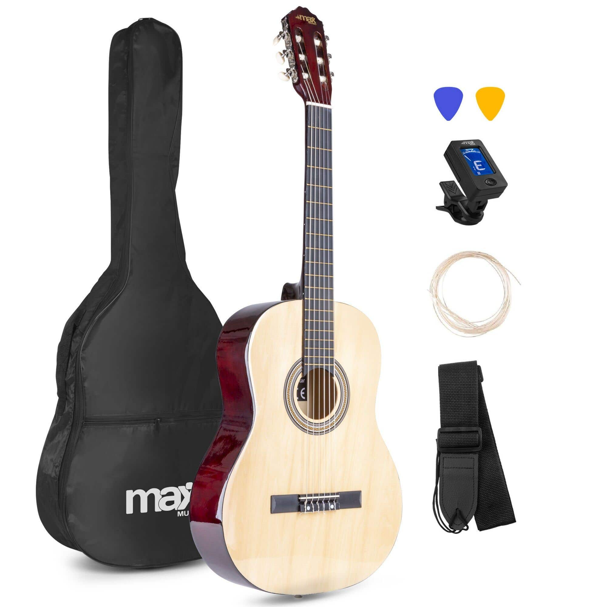 Akoestische gitaar met koffer, snaren, plectrums, tuner en riem. Lichtbruine body met rode randen.