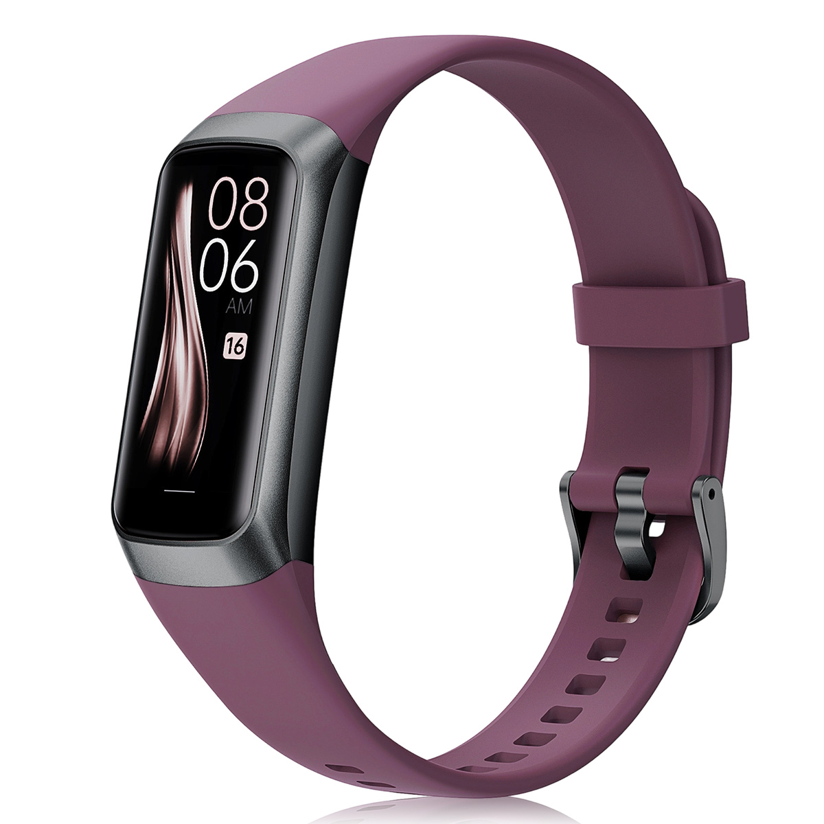 Eine lila Fitness-Tracker-Uhr mit einem schwarzen Bildschirm, der die Uhrzeit anzeigt, isoliert auf Weiß.