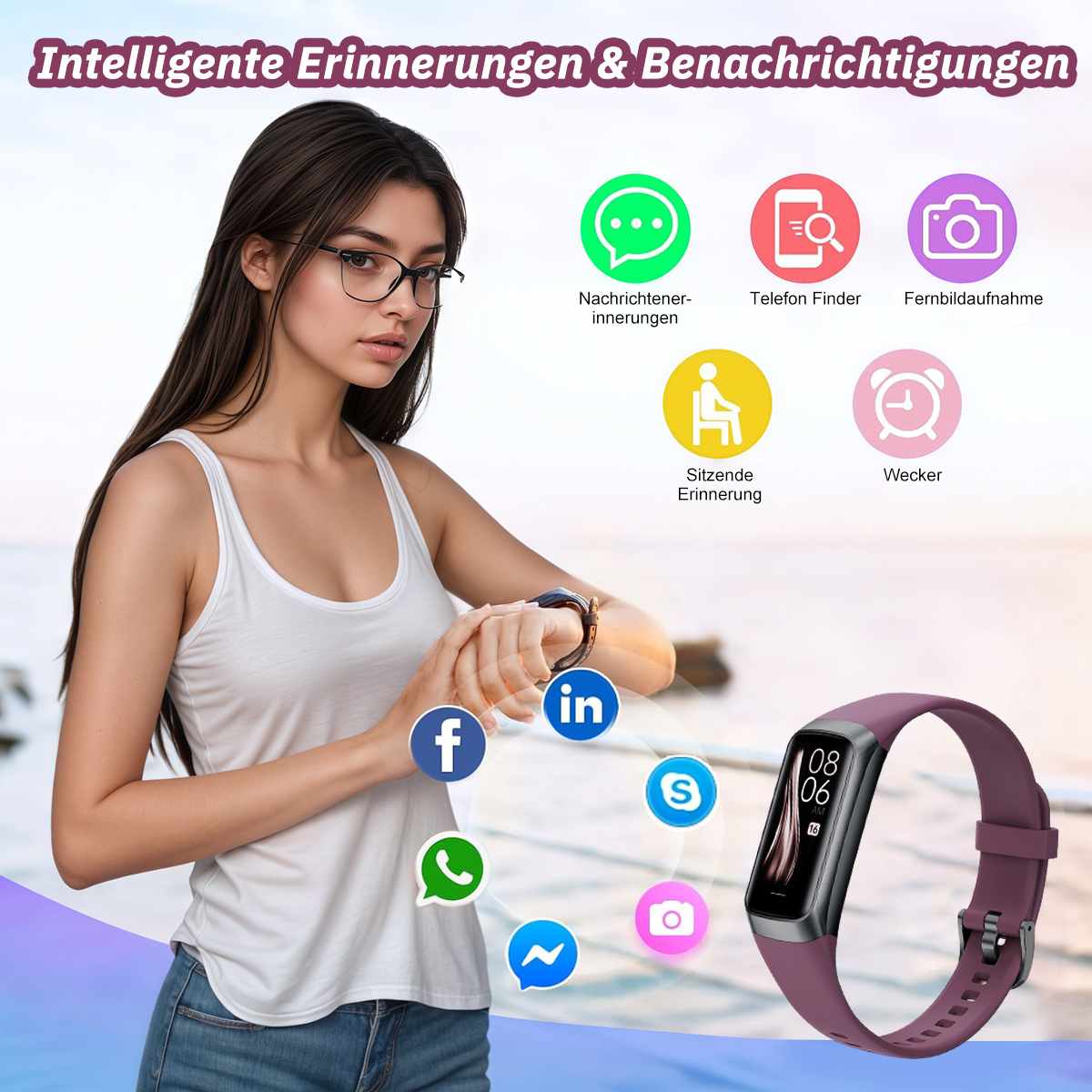 Eine Frau, die ein lila Smartband trägt und Funktionen wie Benachrichtigungen und soziale Medien demonstriert.