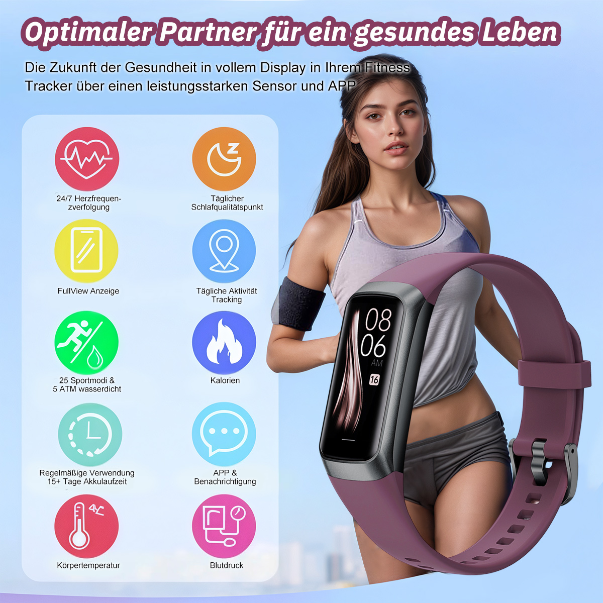 Frau mit Smartwatch, mit Funktionen wie Herzfrequenz-, Schlaf- und Aktivitätsverfolgung.