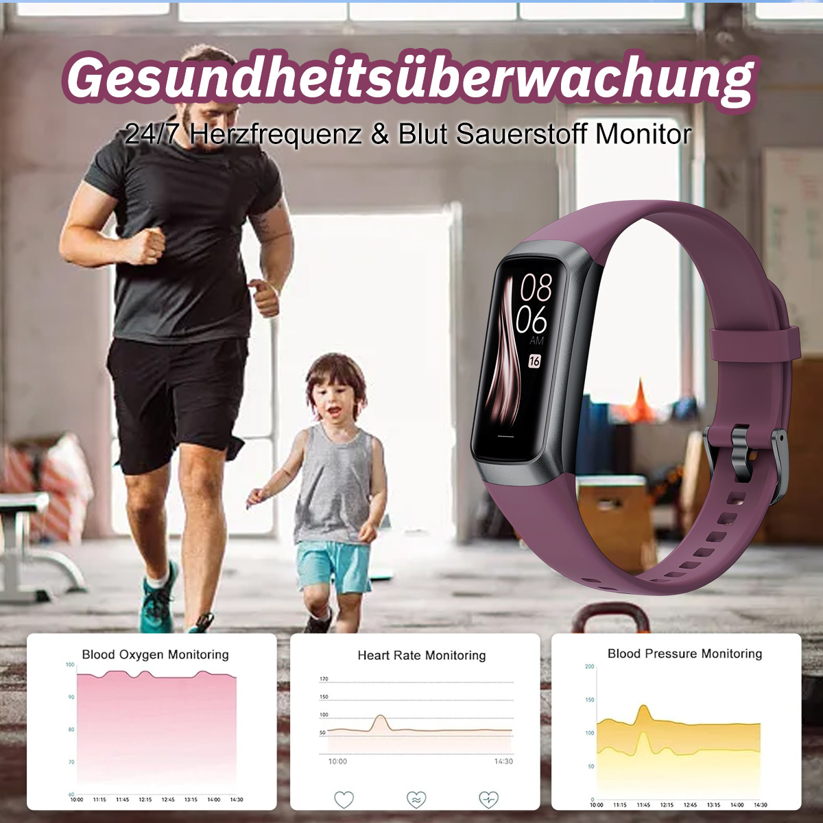 Ein Mann und ein Kind rennen, und ein lila Fitness-Tracker zeigt Gesundheitsmetriken auf Weiß.