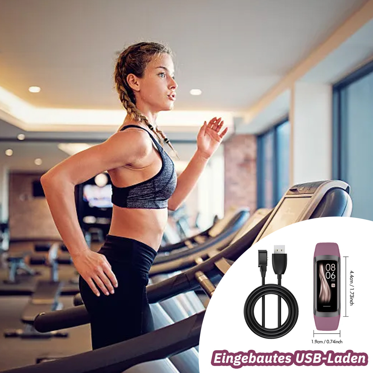 Eine Frau rennt auf einem Laufband mit einem lila Fitness-Tracker und einem Ladekabel.