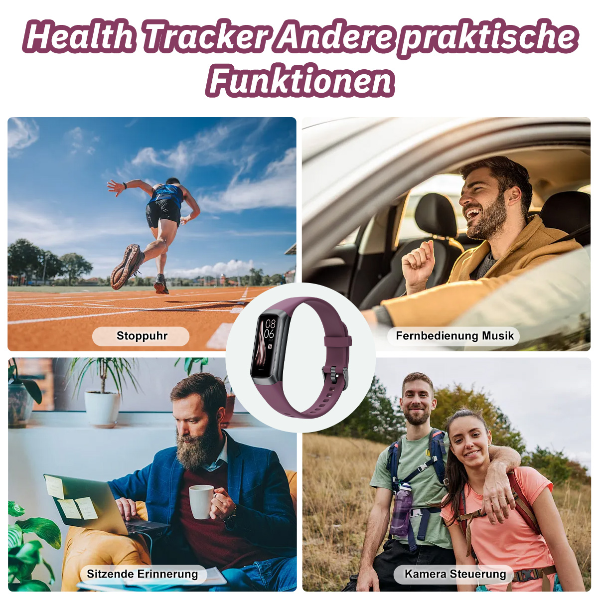 Das Bild zeigt einen Gesundheitstracker mit verschiedenen Funktionen: Stoppuhr, Musikfernbedienung, Sitzerinnerung und Kamerasteuerung.