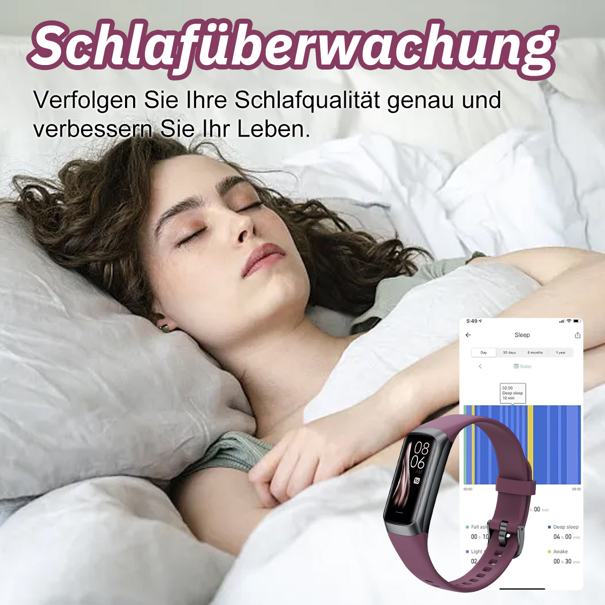 Schlafende Frau mit Fitness-Tracker, Telefon zeigt Schlafqualitätsdaten.