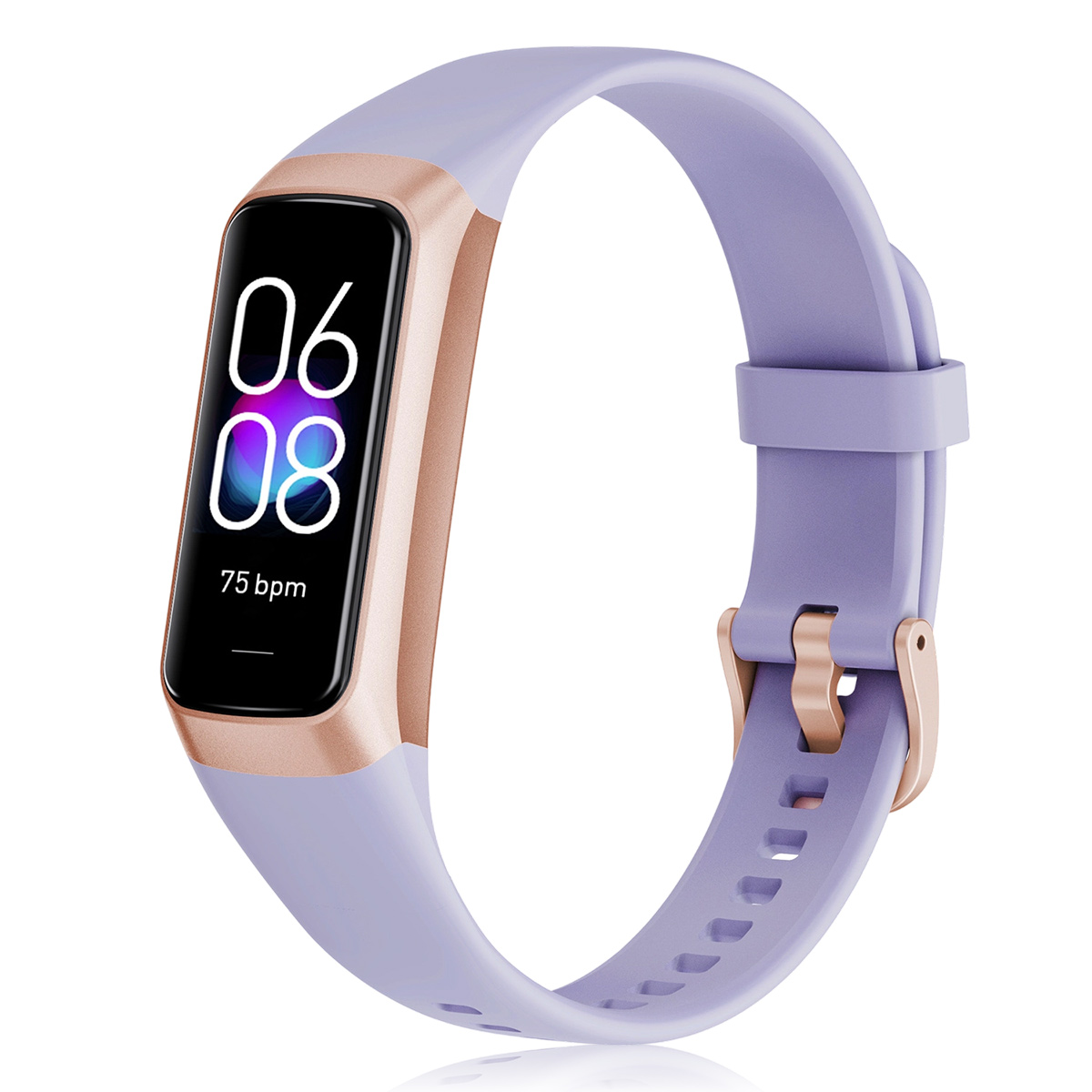Eine lila-goldene Smartwatch mit schwarzem Bildschirm, der Zeit und Herzfrequenz anzeigt.