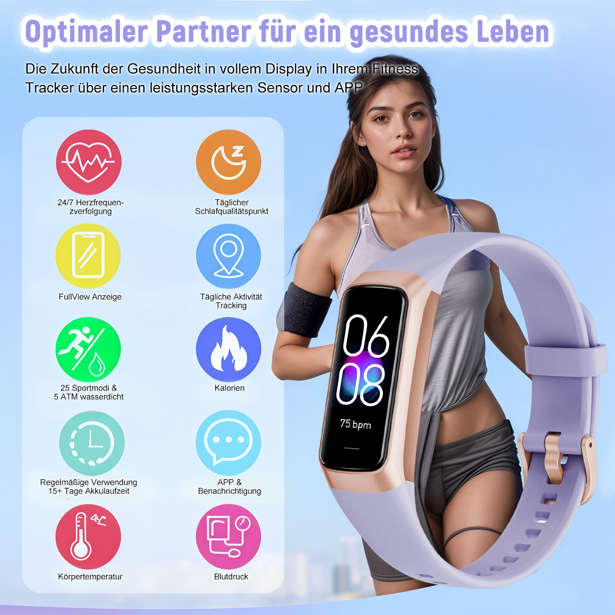 Eine Smartwatch am Handgelenk einer Frau zeigt Gesundheitsdaten an. Symbole zeigen Schlaf, Herzfrequenz und mehr. Text auf Deutsch.