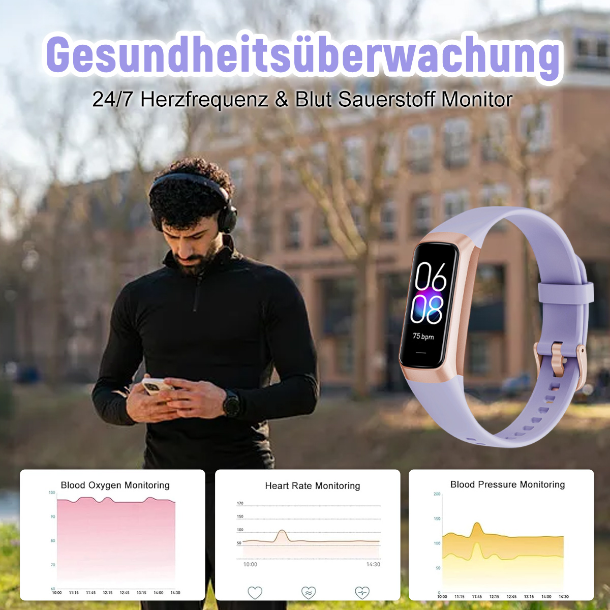 Mann joggt, zeigt Gesundheitsdaten: Blutsauerstoff, Herzfrequenz und Blutdruck, mit Uhr.