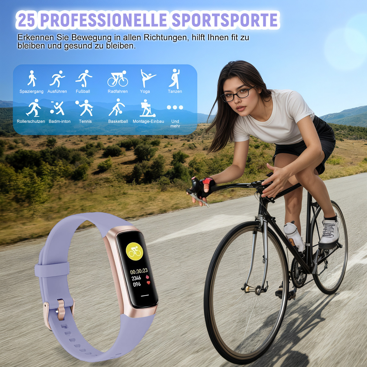 Eine Frau fährt Fahrrad und trägt eine Smartwatch. Anzeige zeigt Zeit, Herzfrequenz und Distanz. Fahrrad ist schwarz.