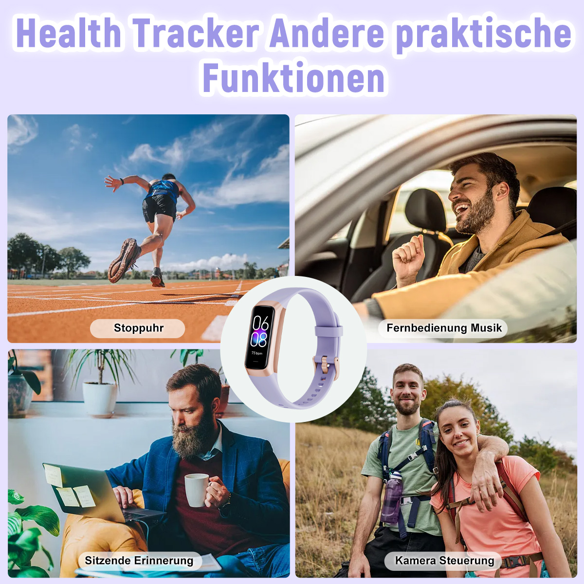 Menschen nutzen Smartwatch für Stoppuhr, Musik, Sitzerinnerung und Kamerasteuerung.