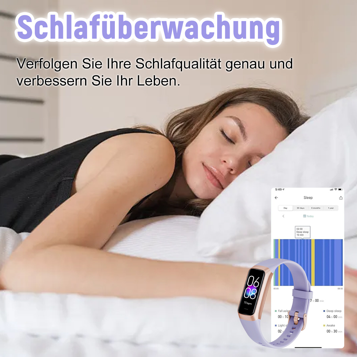 Eine Frau liegt im Bett und trägt eine Smartwatch. Die Uhr zeigt Zeit, Herzfrequenz und Schlafanalyse.