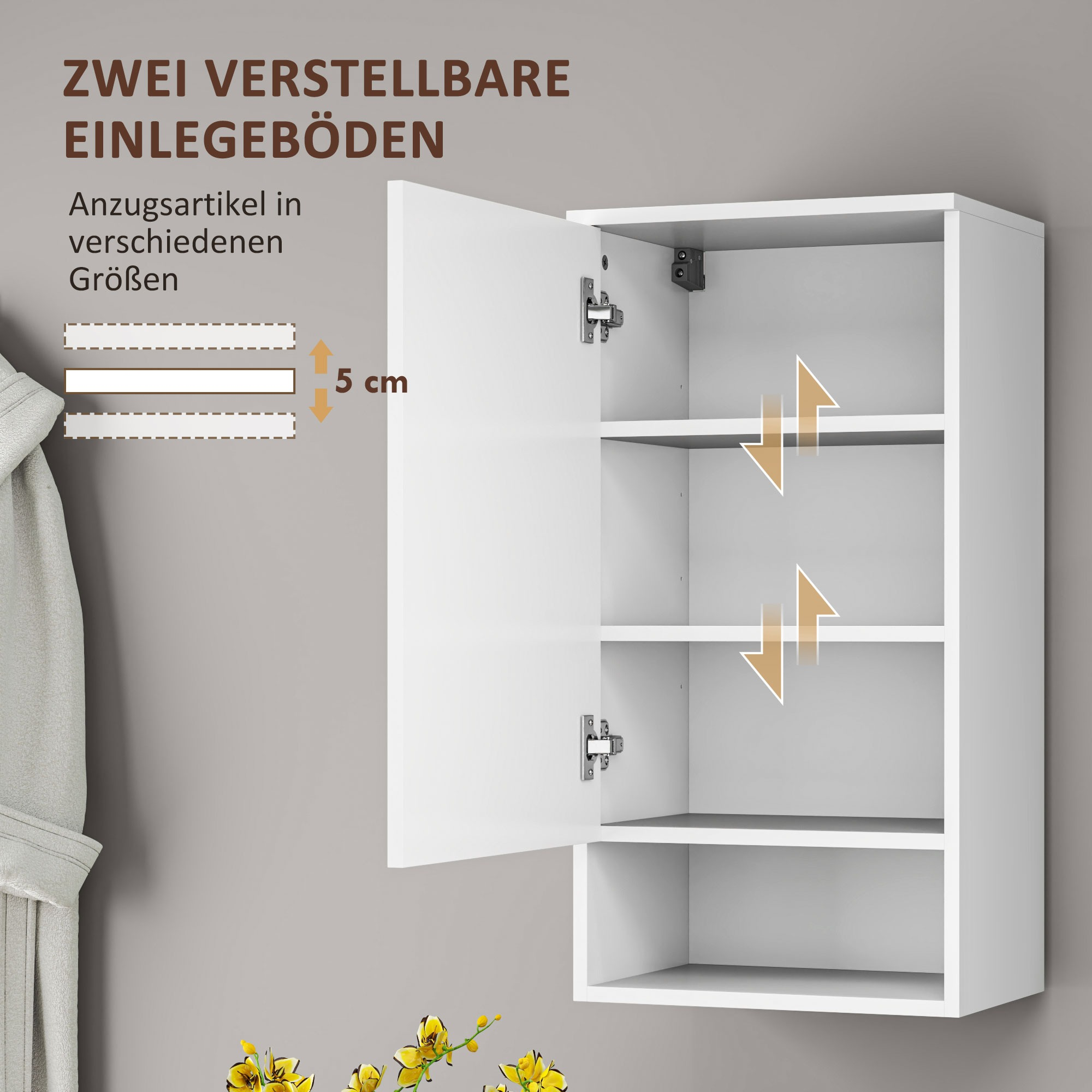 Ein weißer Schrank mit offener Tür, Regalen und verstellbarem Design.