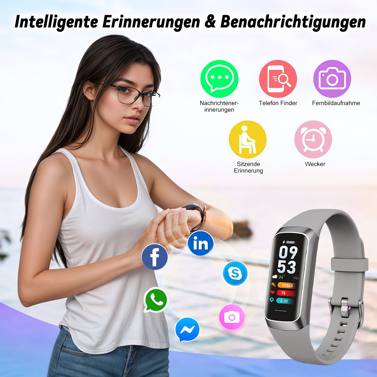Eine Frau auf einem Fahrrad mit einem Fitness-Tracker, der Sportaktivitäten anzeigt. Symbole für verschiedene Sportarten werden angezeigt.