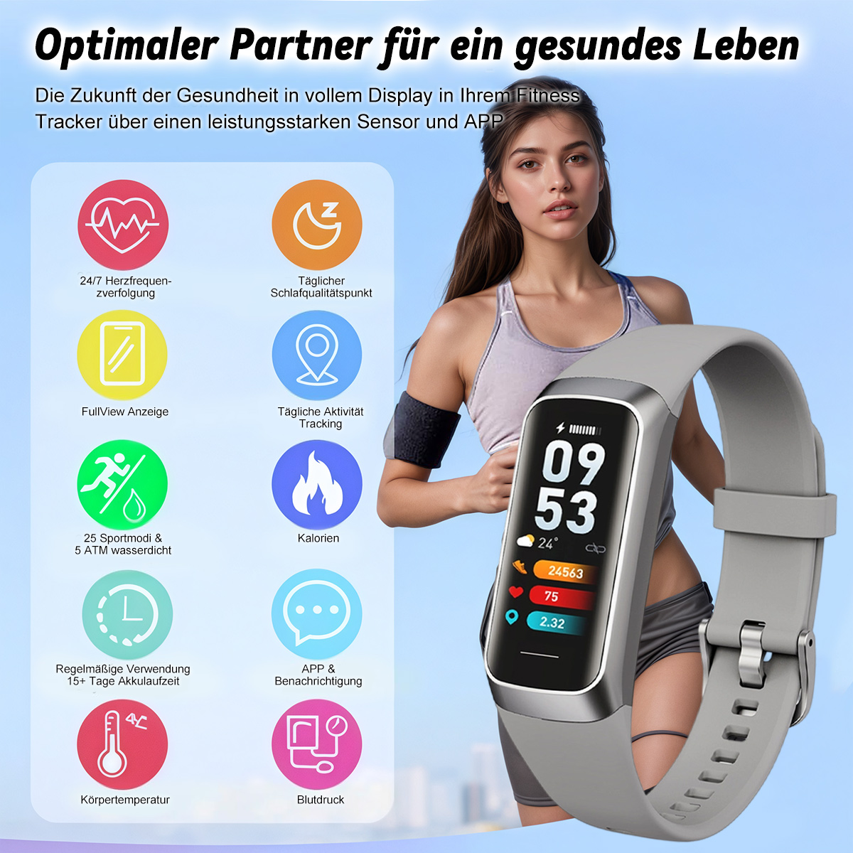 Smartwatch mit Gesundheitsverfolgungsfunktionen neben Symbolen von Gesundheitsindikatoren. Frau ist anwesend.