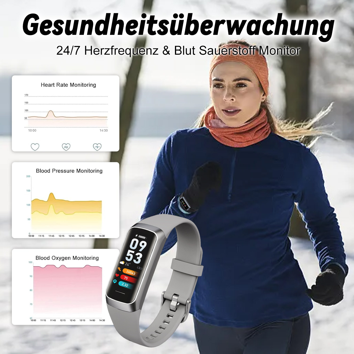 Frau, die Herzfrequenz, Blutdruck und Blutsauerstoff mit einer Smartwatch überwacht.