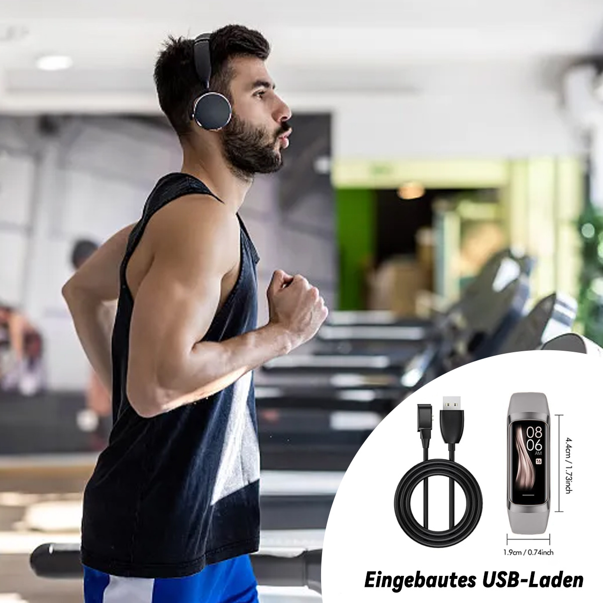 Mann läuft auf dem Laufband, trägt Kopfhörer. Smartwatch und Ladekabel sind abgebildet.