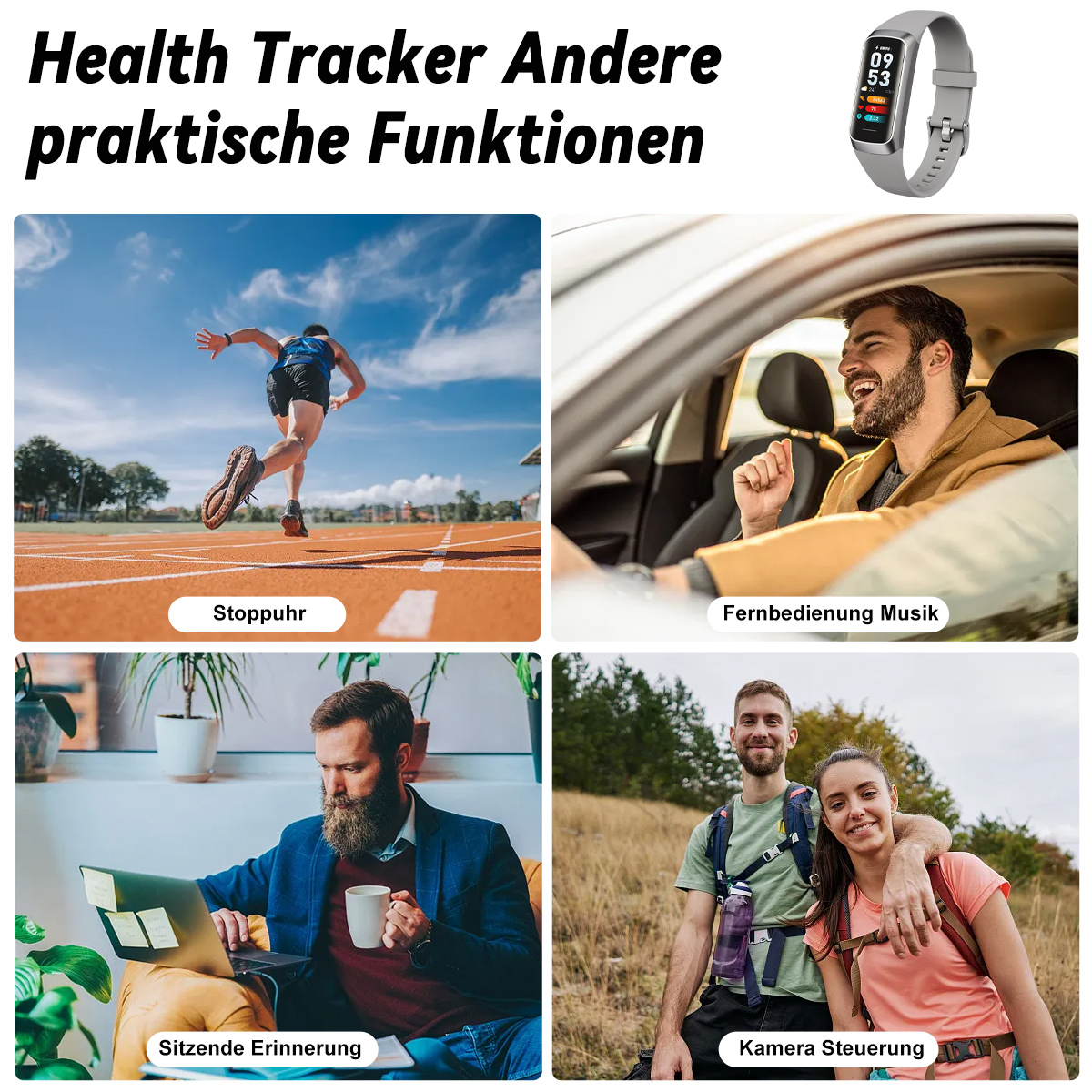 Gesundheitstracker zeigt Uhrzeit. Vier Szenen: Läufer, Mann im Auto, Mann mit Laptop, Wanderpaar.
