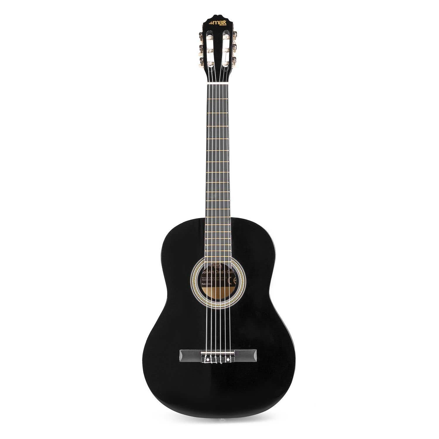 Una guitarra acústica con funda, atril y revista. La guitarra es de color marrón claro.