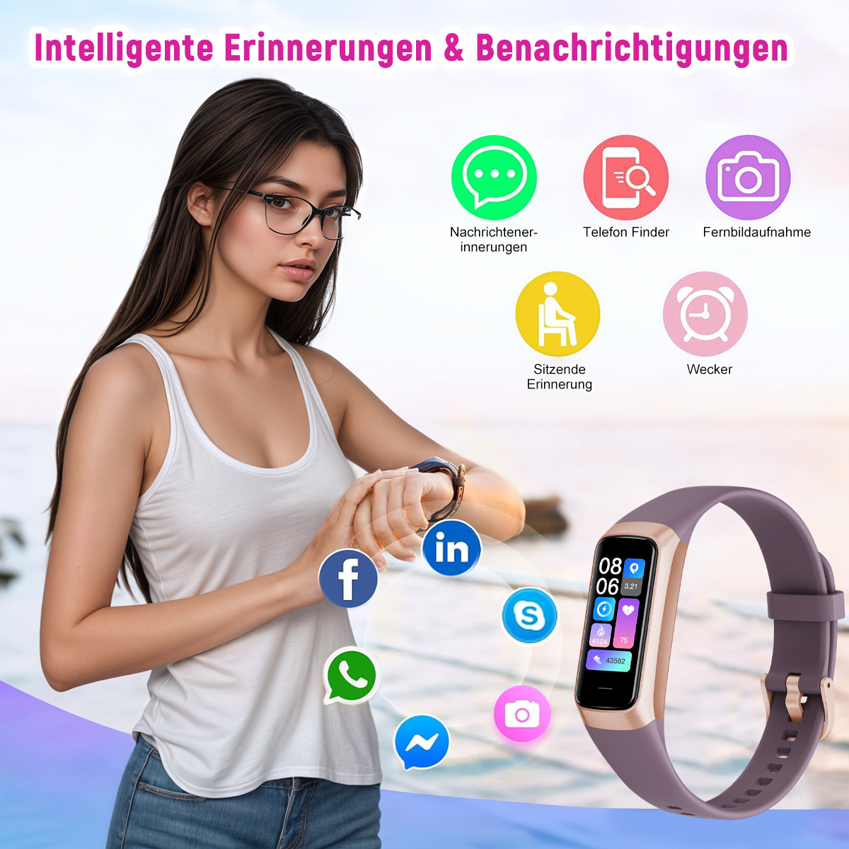 Frau mit Brille und Smartwatch mit Social-Media-Symbolen, Strand- und Himmelshintergrund.