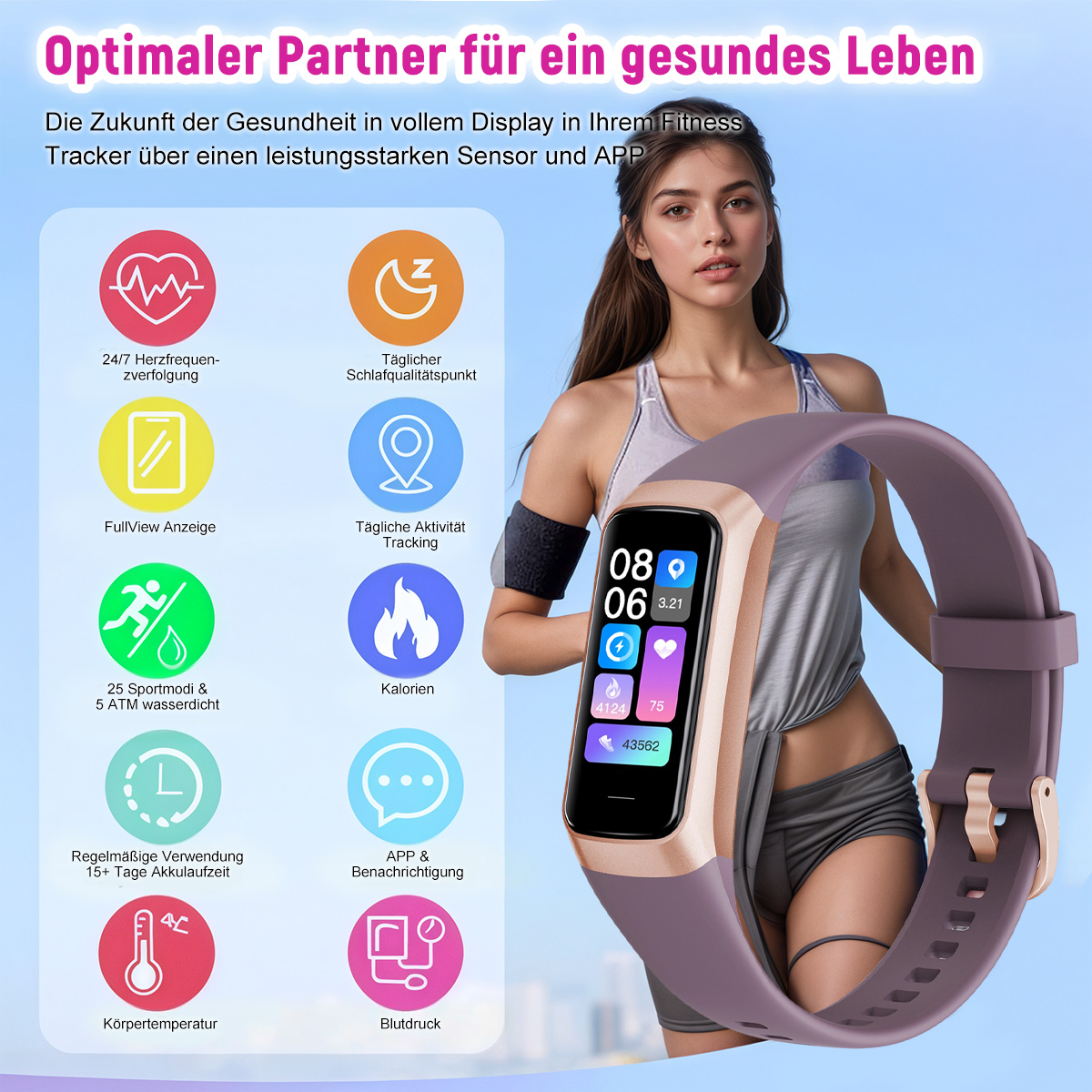 Eine Frau mit Smartwatch. Der Hintergrund zeigt Icons über Gesundheitstracking und eine Frau.