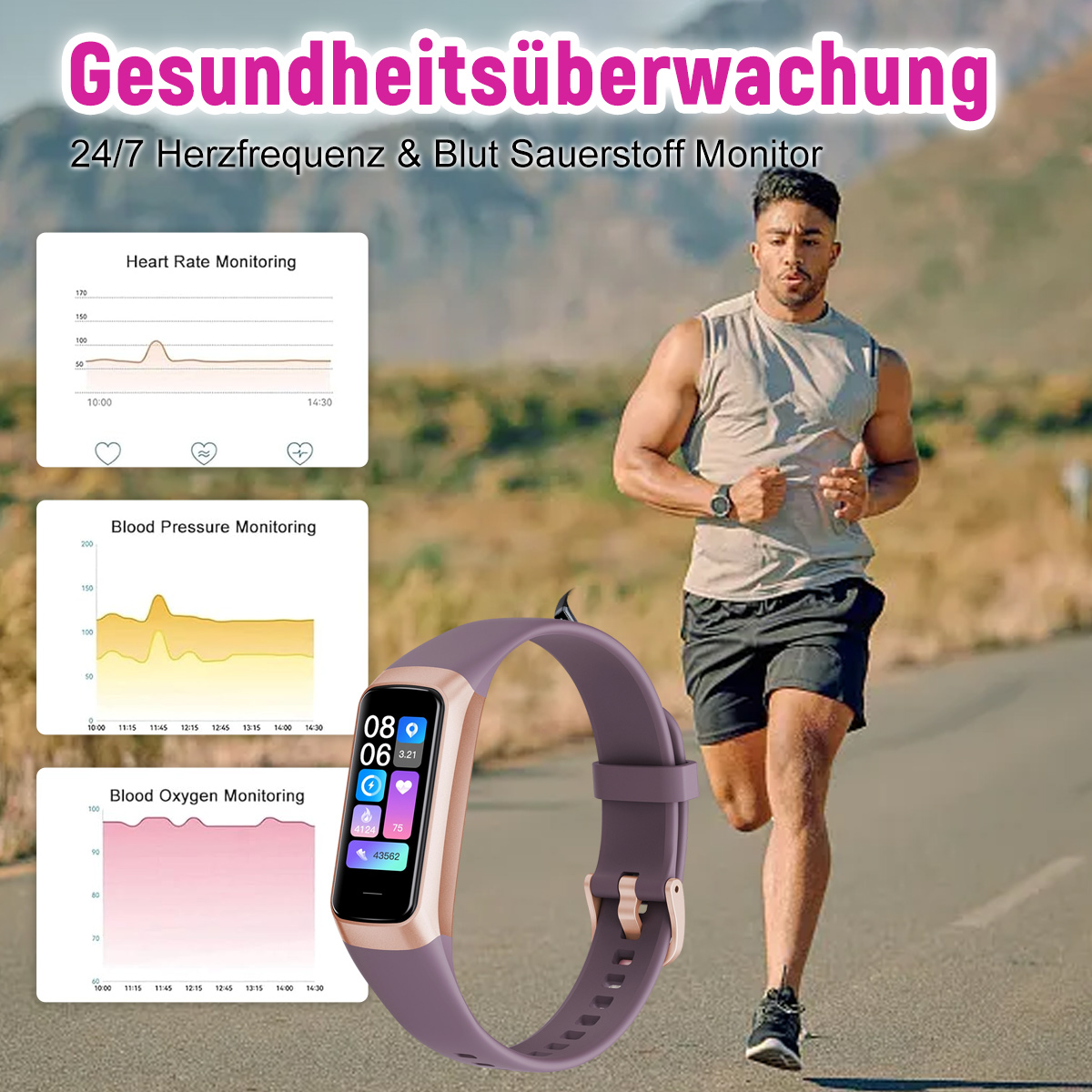 Mann rennt, trägt Smartwatch, Gesundheitsdatengrafiken im Hintergrund. Blutdruck, Sauerstoffüberwachung.