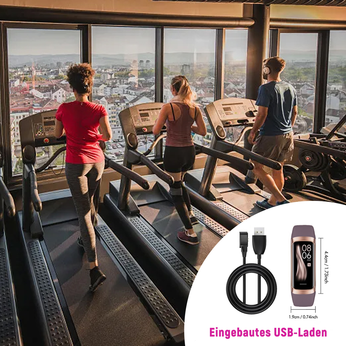 Drei Personen auf Laufbändern in einem Fitnessstudio. Es gibt große Fenster und die Stadt ist sichtbar.