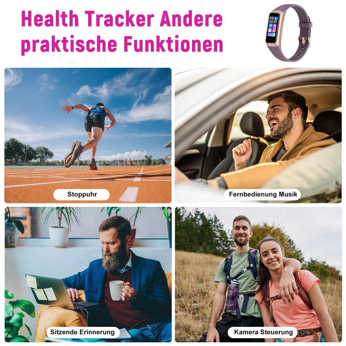 Bild mit einem Gesundheitstracker und zusätzlichen Funktionen. Vier verschiedene Bilder sind vorhanden.
