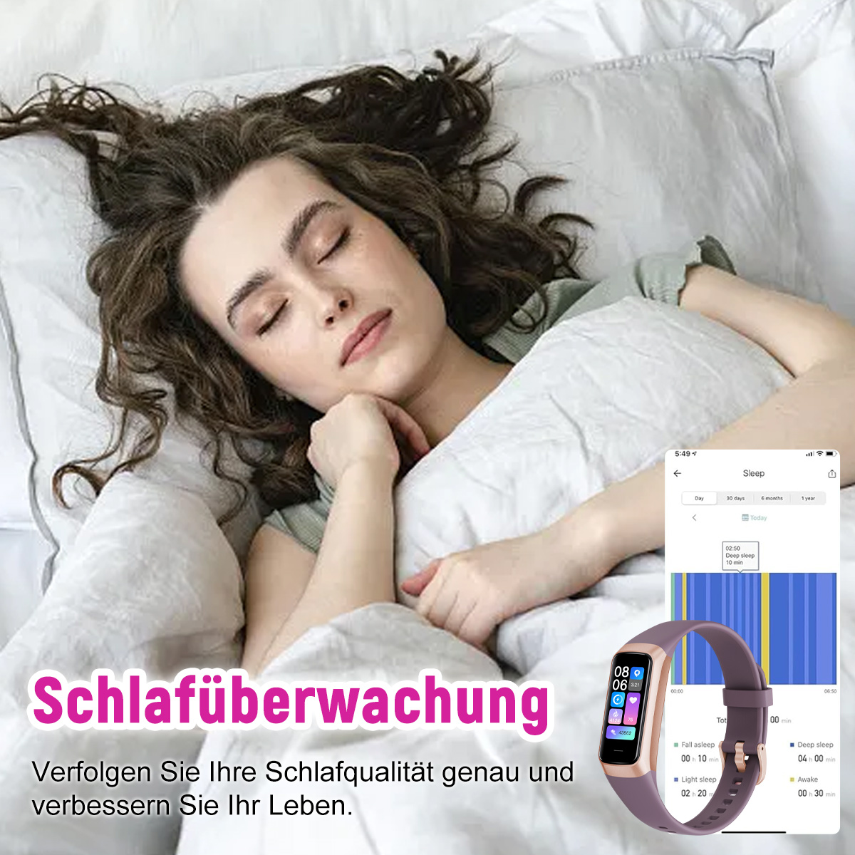 Eine Frau schläft im Bett mit einer Smartwatch. Ein Telefon zeigt Schlaftracking-Daten.