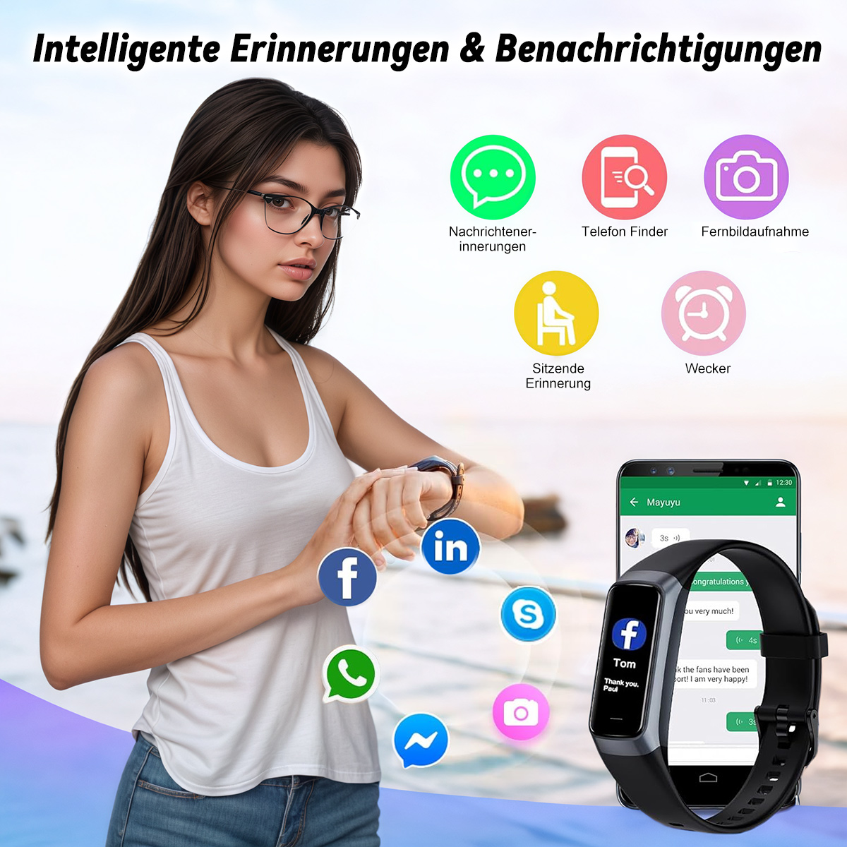 Frau mit Brille und Smartwatch mit Social-Media-Symbolen und einem Smartphone. Strandhintergrund.
