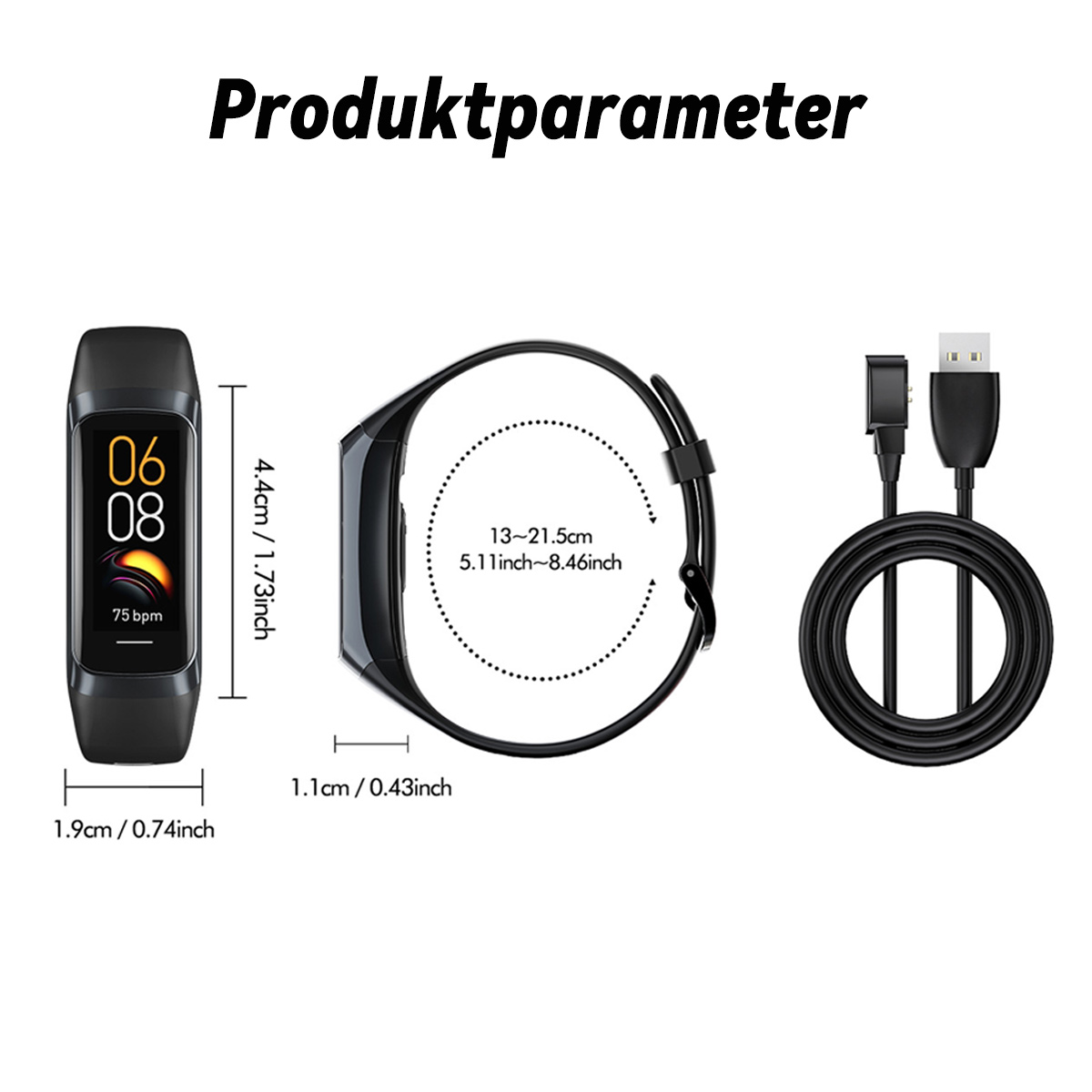 Produktparameterdiagramm: Abmessungen von Fitnesstracker und Ladegerät.